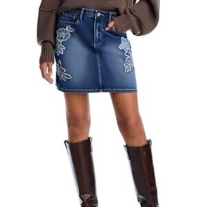 🌸 Driftwood Women's Floral Embroidered Dark Wash Denim Mini Skirt SZ 28 Boho